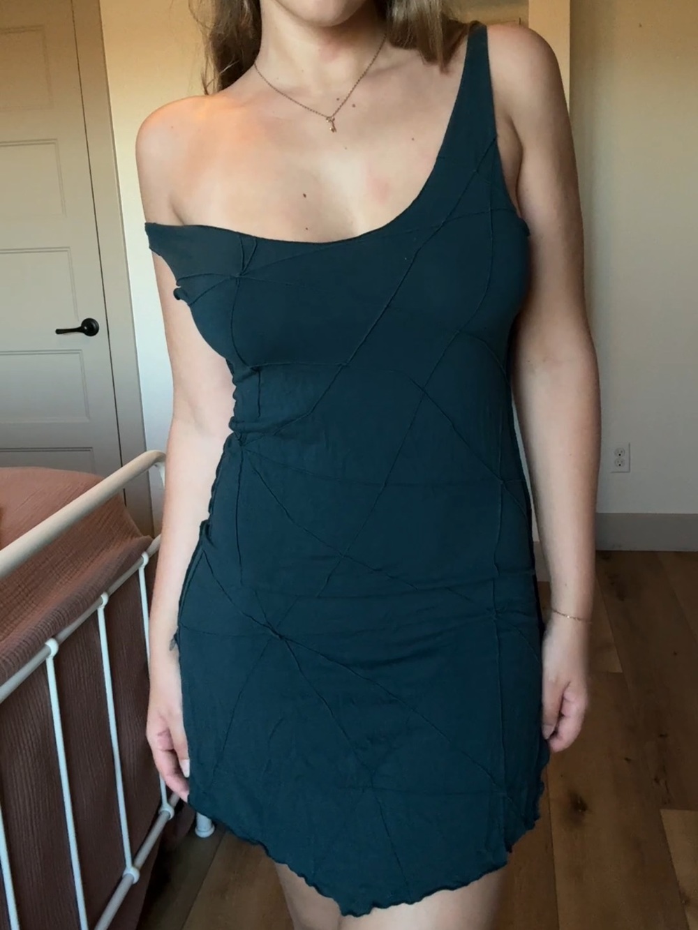 One-Shoulder Dark Teal Ruched Mini Dress